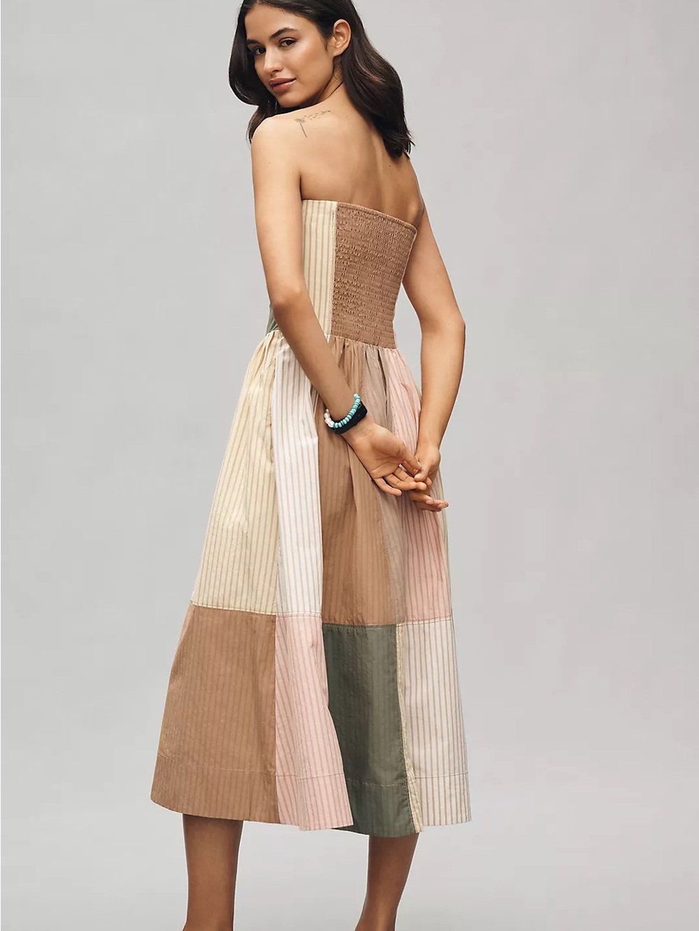 Maeve Strapless Patchwork Midi Dress in Pink, Beige & Olive - Picture 3 of 14